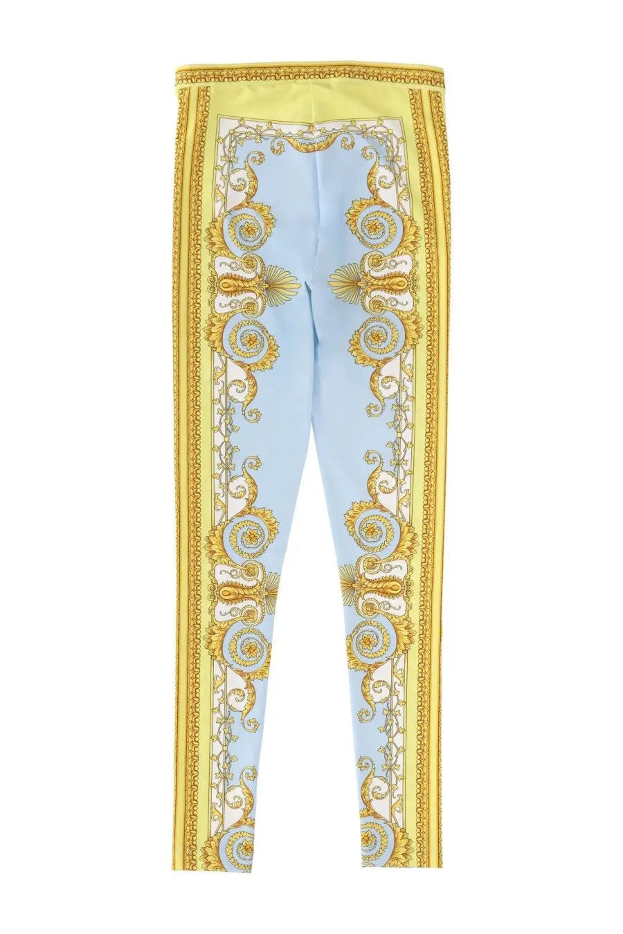 Versace women’s light blue and gold ornate patterned leggings with bold baroque-inspired design
