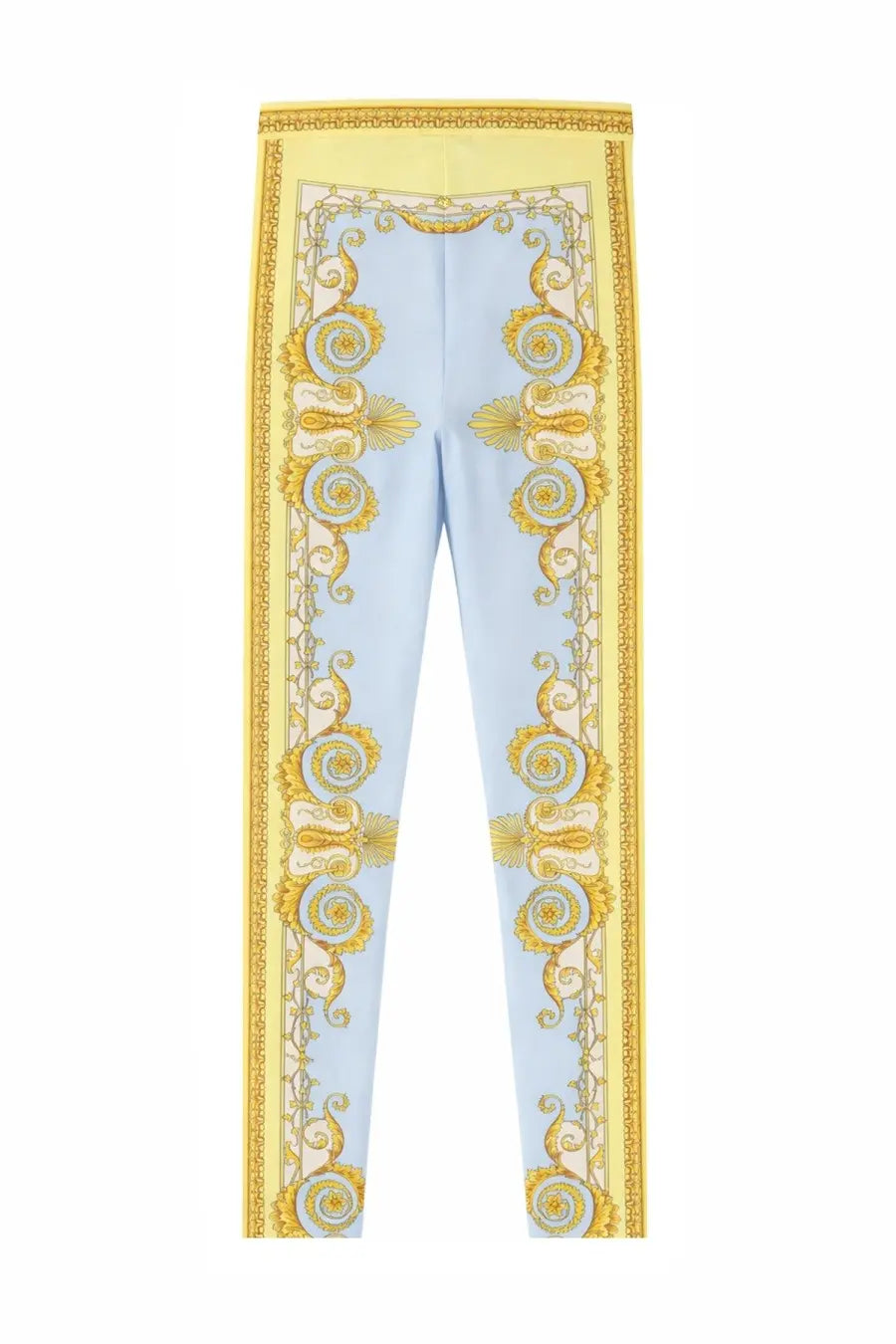 Versace women’s light blue high-waisted leggings with ornate gold baroque pattern and bold yellow trim on sides