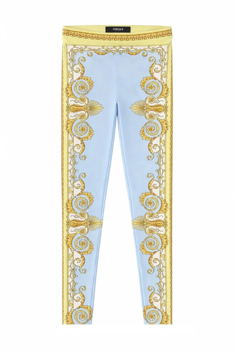 Versace women’s light blue leggings with ornate gold baroque pattern on sides and waistband for stylish wear