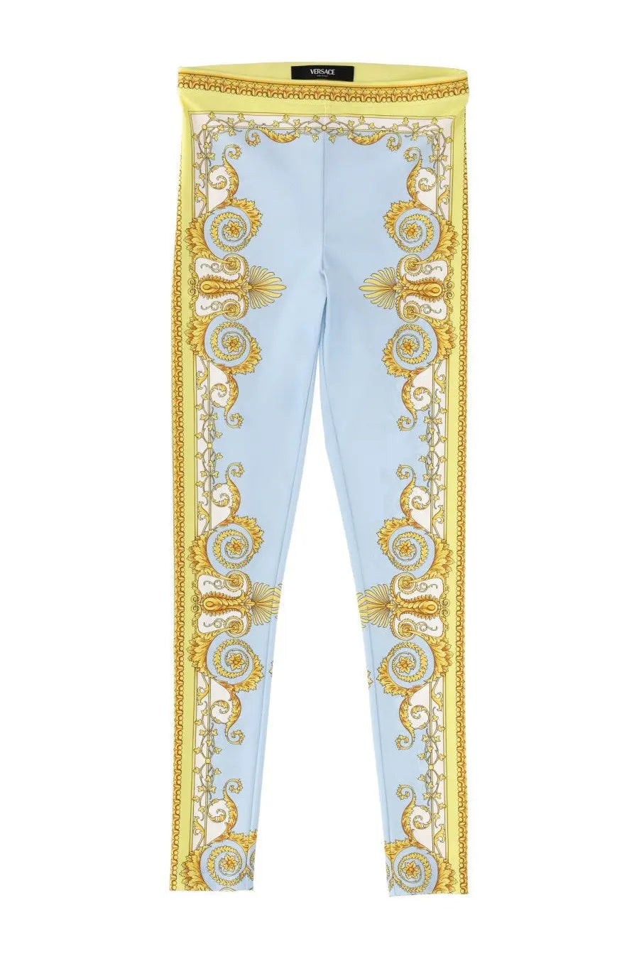 Versace women’s light blue leggings with ornate gold baroque pattern on sides and waistband for stylish wear