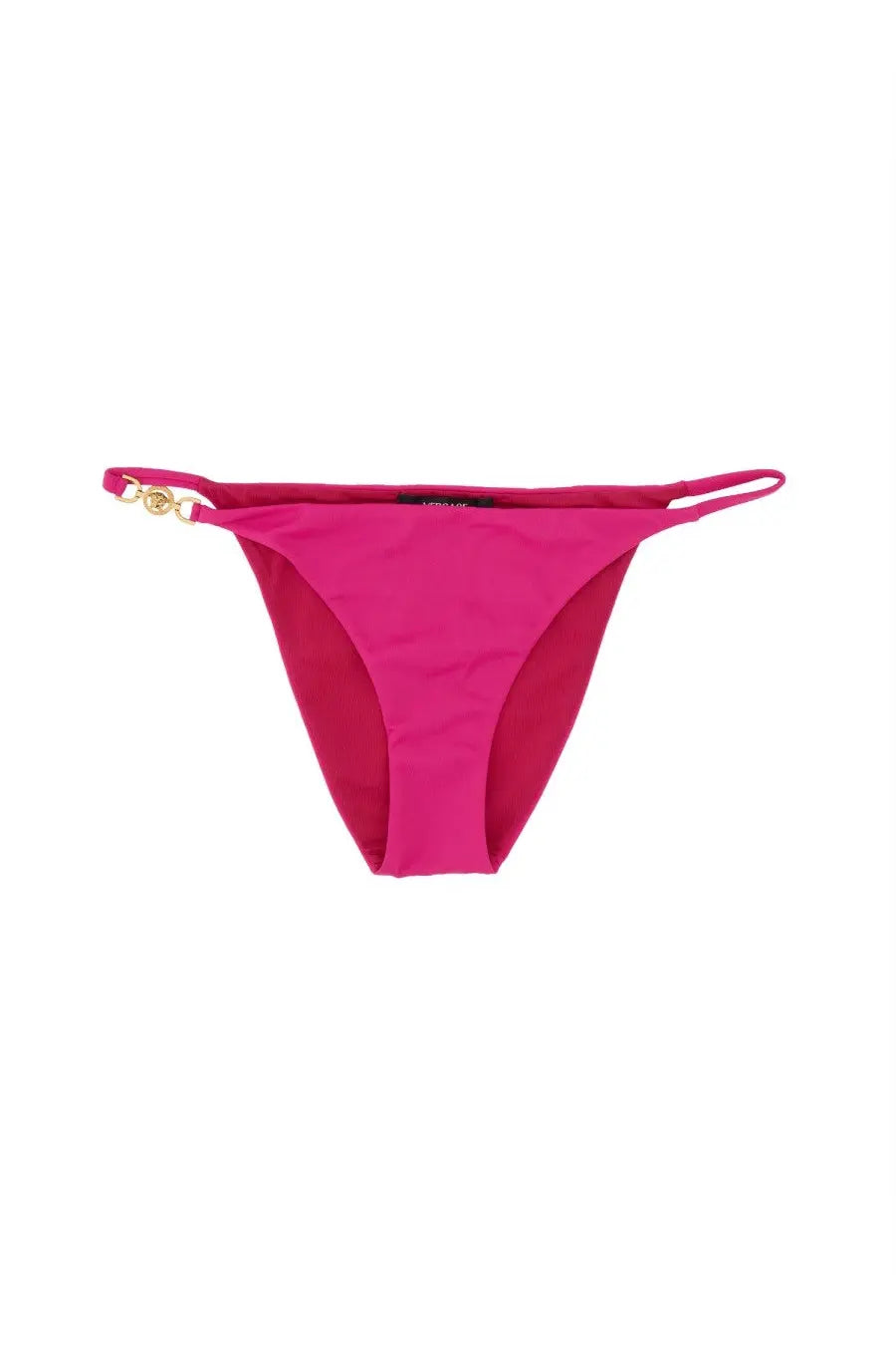 Versace women’s vibrant fuchsia high-cut bikini bottom with gold-tone Medusa logo clasp on the side