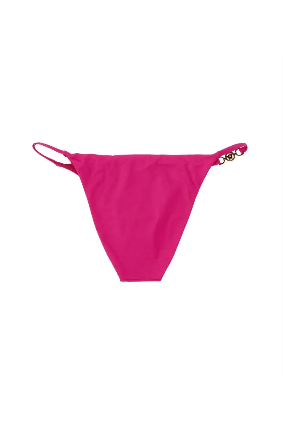 A vibrant fuchsia Versace women’s Medusa thong bikini bottom with a sleek design and gold-tone logo clasp on the right side