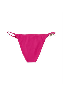 A vibrant fuchsia Versace women’s Medusa thong bikini bottom with a sleek design and gold-tone logo clasp on the right side