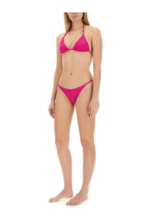 Versace women’s pink medusa bikini bottom in vibrant fuchsia with a minimalist triangle design and thin straps