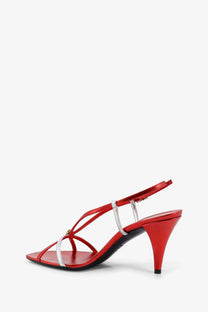 Versace women’s red patent leather strappy sandals with silver metallic accents and slender heel