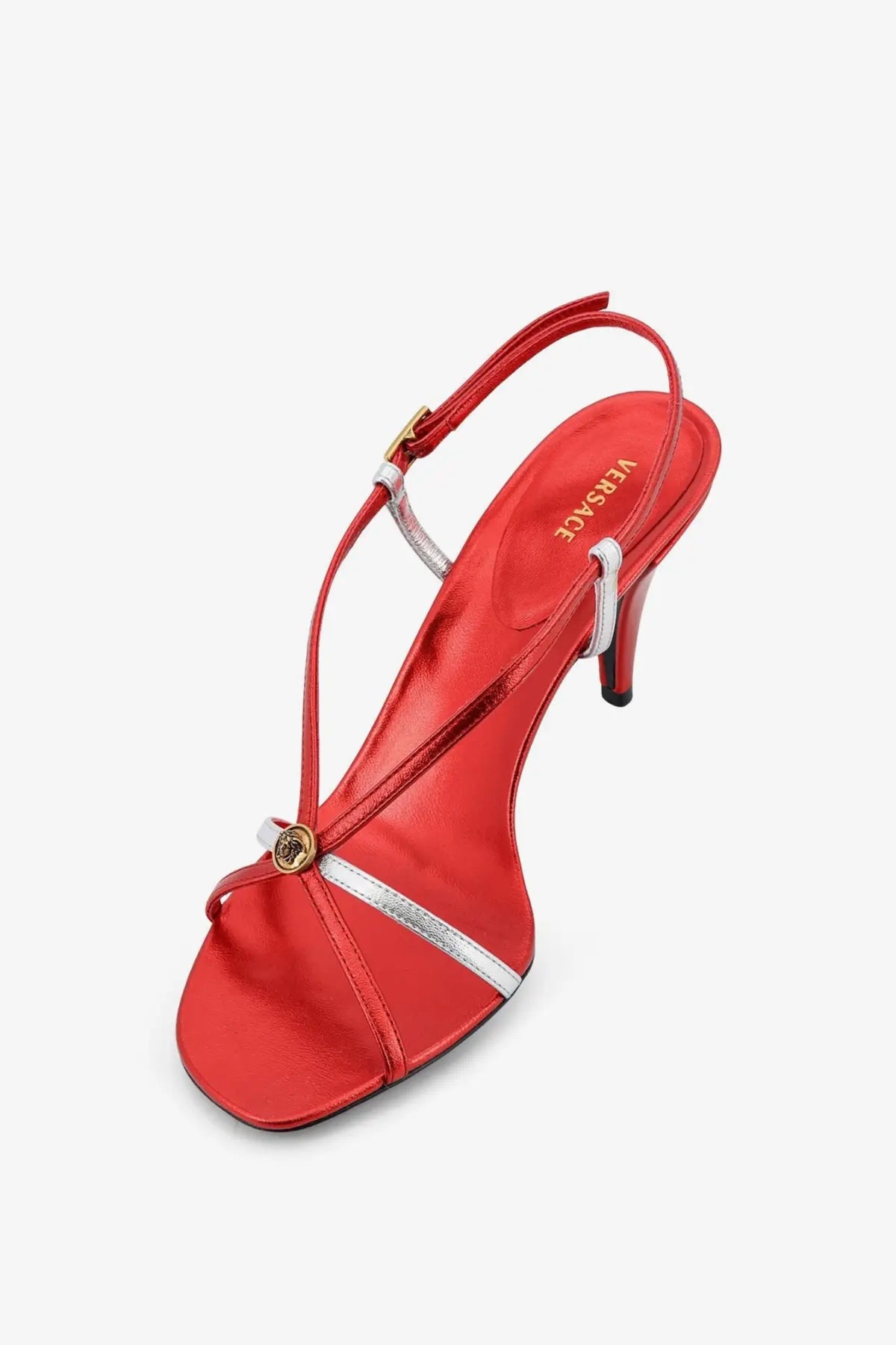 Versace women’s metallic leather sandals in red with silver straps and a gold medusa emblem
