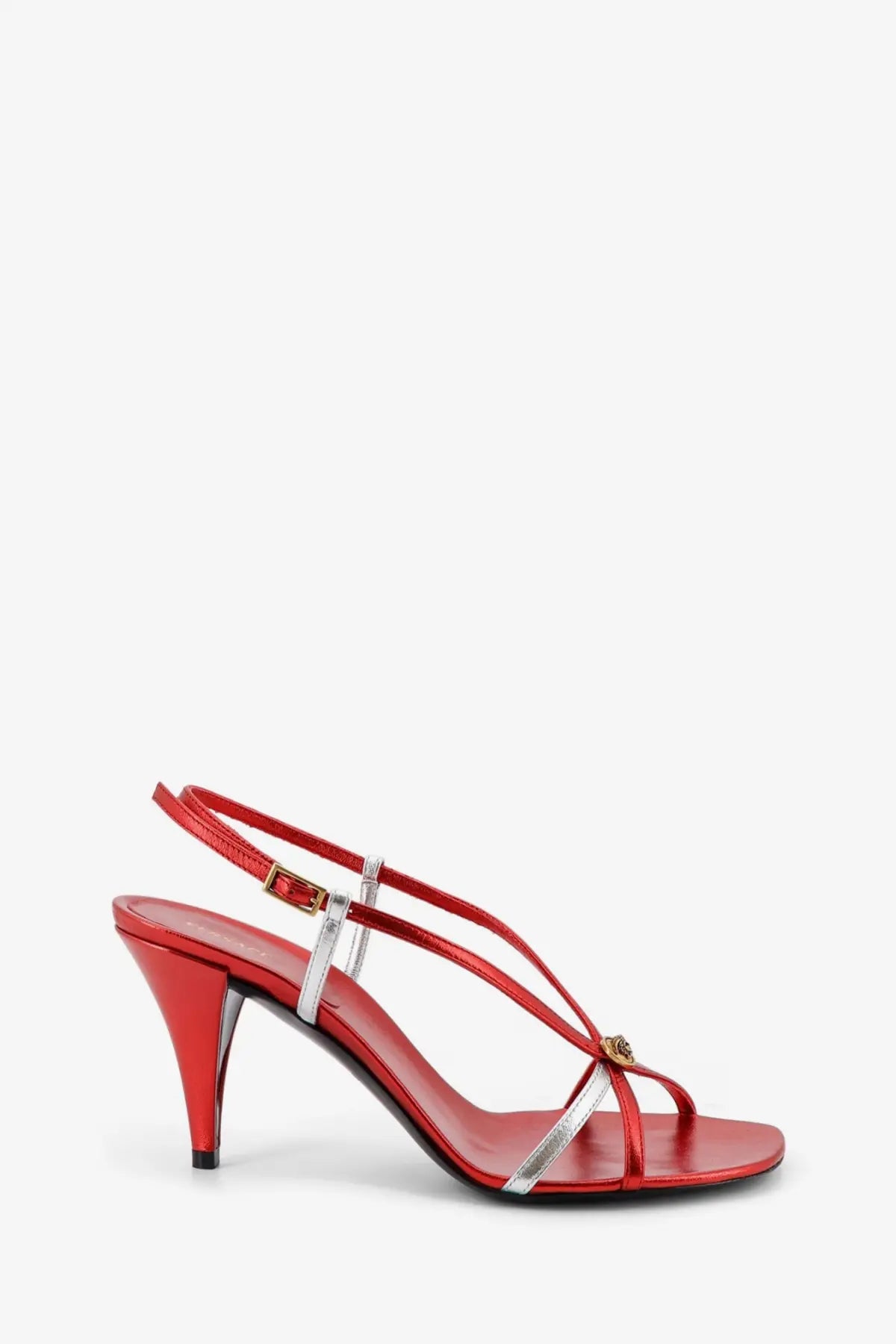 Red satin strappy sandal with silver metallic accents and gold tone buckle from versace womens metallic leather sandals gold collection