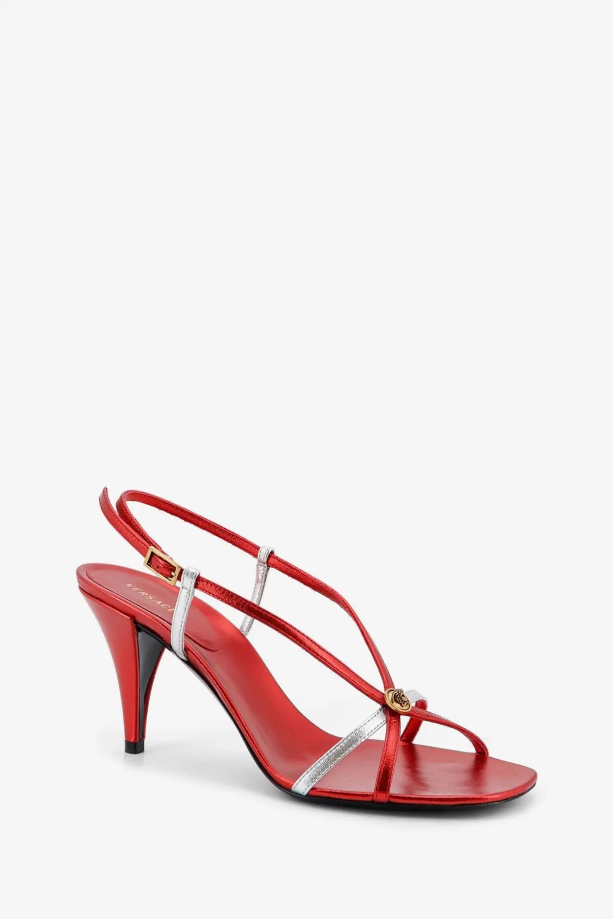 Versace women’s metallic leather red and silver strappy high-heeled sandals with gold-tone logo accent