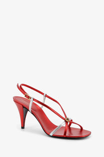 Versace women’s metallic leather red and silver strappy high-heeled sandals with gold-tone logo accent