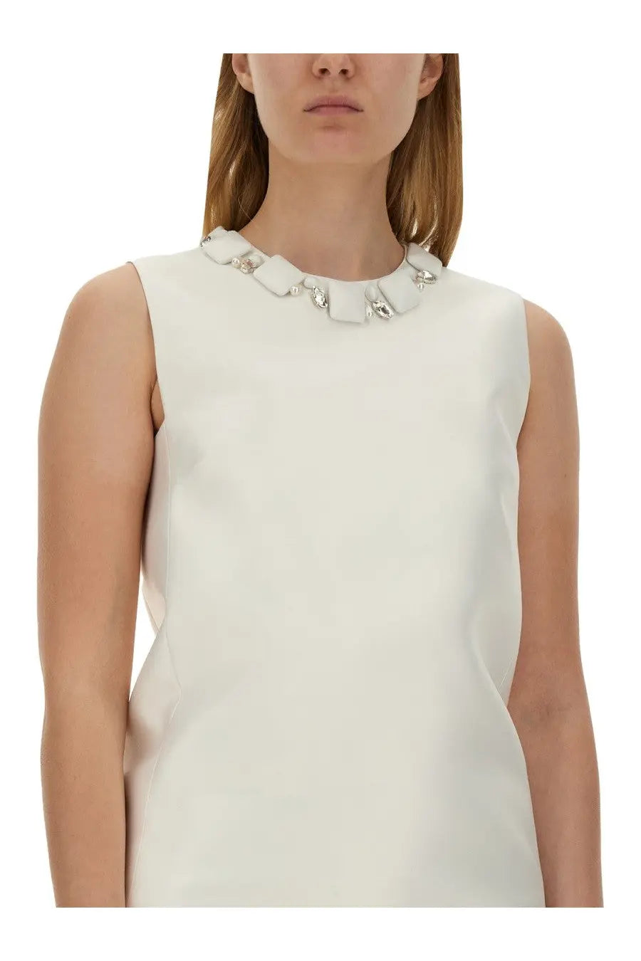Versace women’s mini duchesse dress white with a sleek ivory sleeveless top and silver-toned embellished collar