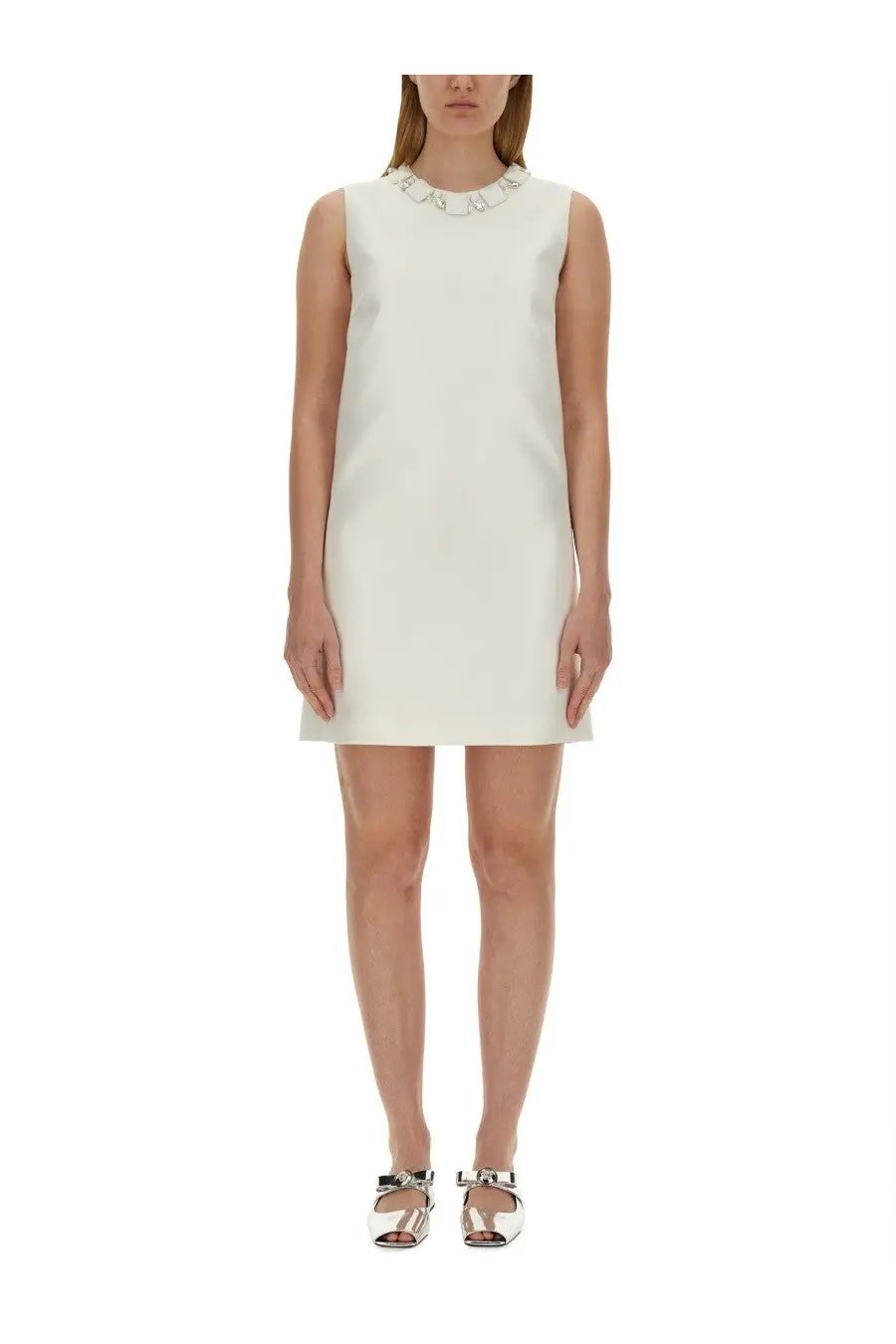 Versace women’s off-white sleeveless mini duchesse dress with structured collar and silver-toned embellishments