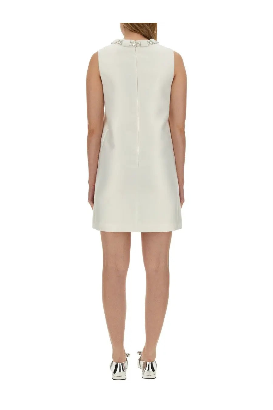 Versace womens mini duchesse dress white off-white sleeveless with subtle sheen and delicate neckline embellishments