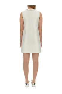 Versace womens mini duchesse dress white off-white sleeveless with subtle sheen and delicate neckline embellishments