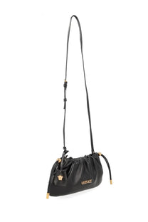 Black leather Versace women’s mini Tag crossbody bag with gold-tone hardware and logo detailing