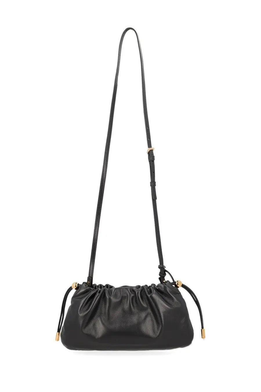 Versace women’s mini versace tag bag black black leather crossbody bag with gold-tone hardware and drawstring closure