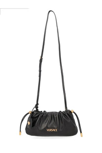 Versace women’s mini Versace tag bag black leather shoulder bag with gold-tone hardware and drawstring closure