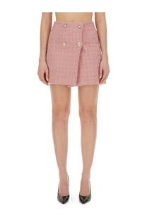 Versace women’s blue mini wrap skirt featuring a pink tweed fabric with double-breasted front and matching buttons