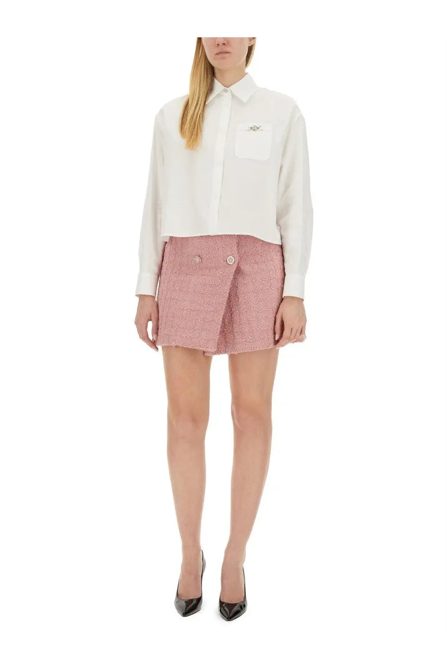 Versace women’s mini wrap skirt in blue featuring a pink tweed fabric with double-button front and textured weave