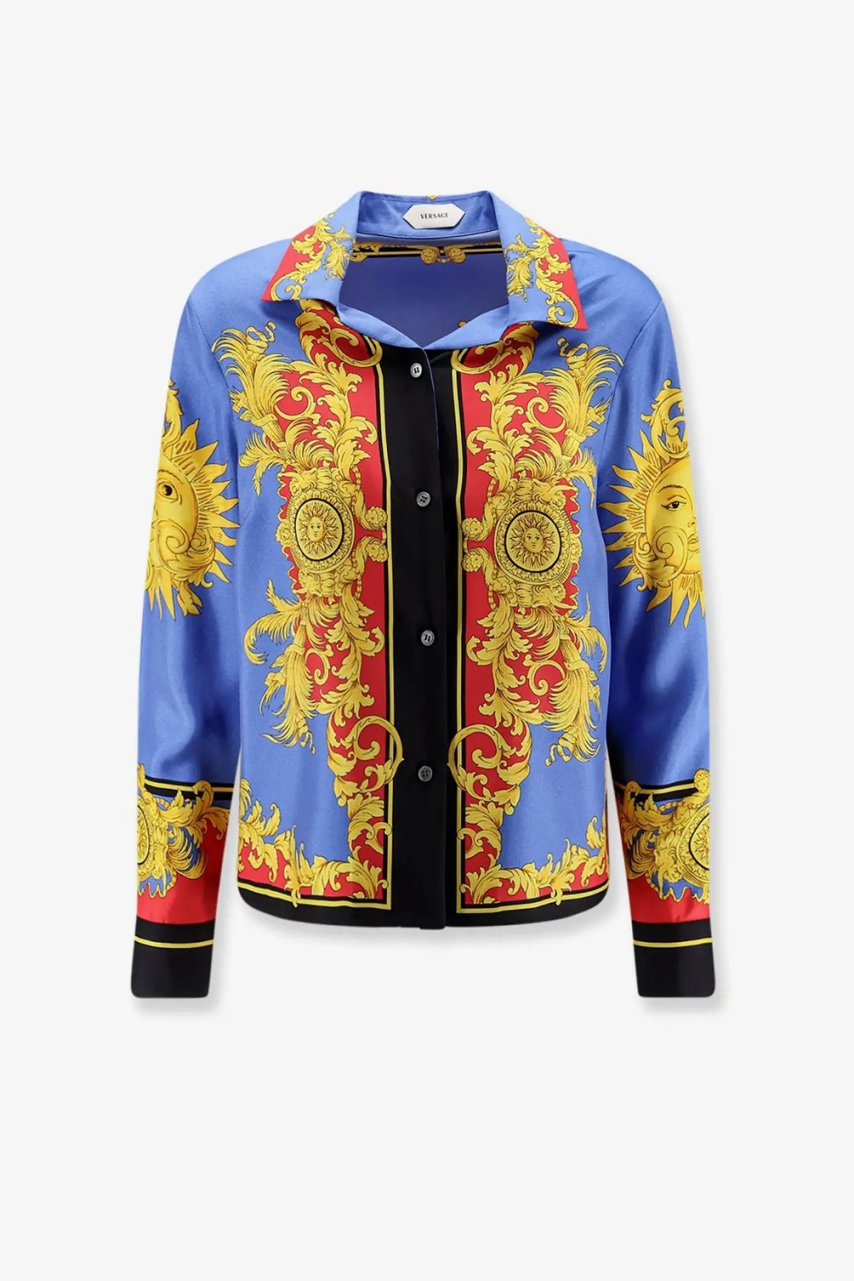 Versace women’s multicolor silk shirt in blue with bold red and gold baroque sun motifs on silk fabric