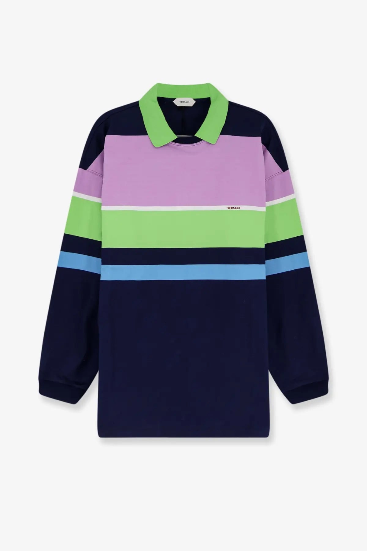 Versace women’s multicolor stripes long-sleeved cotton sweatshirt with bold navy lavender lime green and light blue stripes