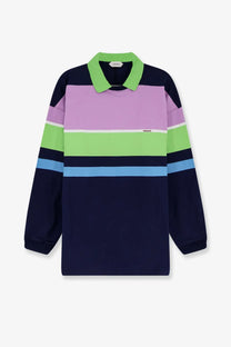 Versace women’s multicolor stripes long-sleeved cotton sweatshirt with bold navy lavender lime green and light blue stripes