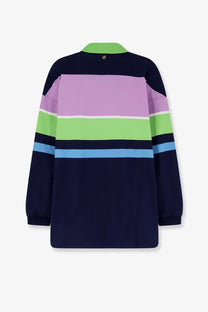 Versace women’s navy blue cotton sweatshirt with bold lavender lime green and light blue horizontal stripes