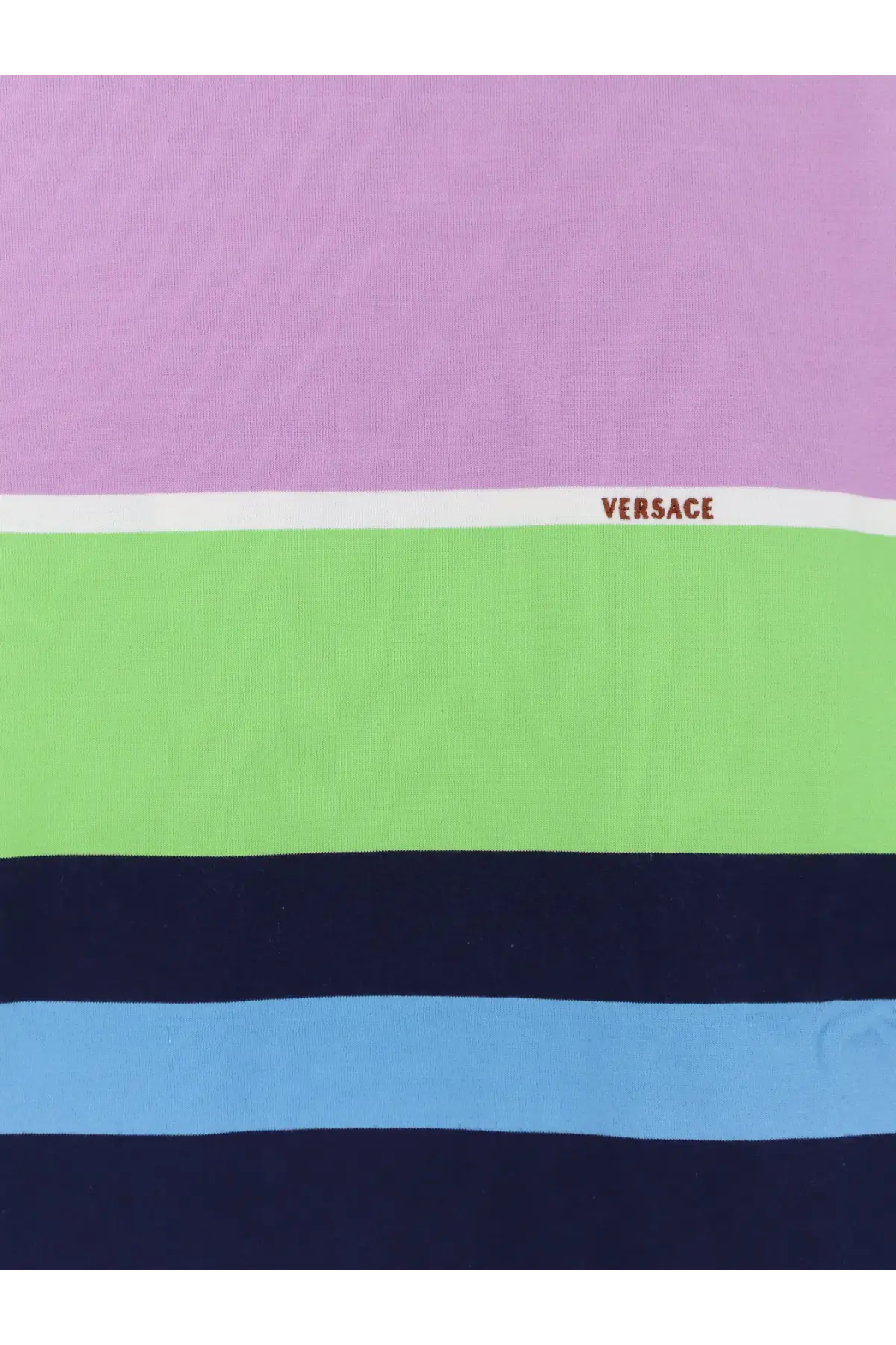 Versace women’s multicolor stripes cotton sweatshirt in blue with vibrant lavender lime green navy and light blue stripes and logo band