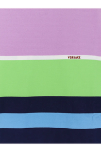 Versace women’s multicolor stripes cotton sweatshirt in blue with vibrant lavender lime green navy and light blue stripes and logo band