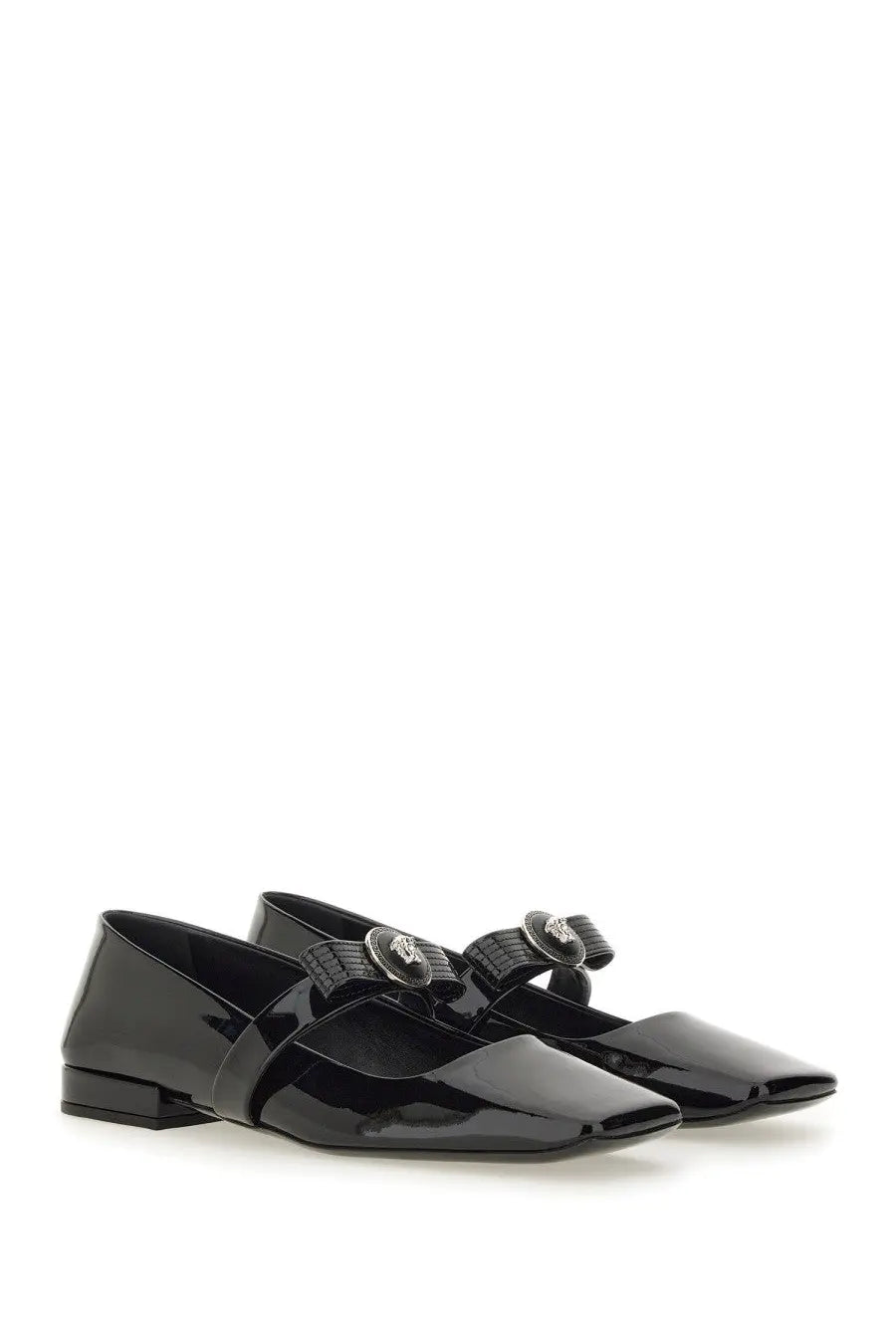 Versace women’s patent leather ballerina flats in black with textured mary jane strap and silver medusa head buckle