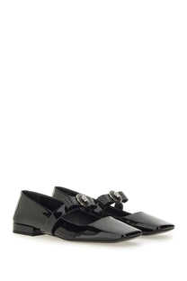 Versace women’s patent leather ballerina flats in black with textured mary jane strap and silver medusa head buckle