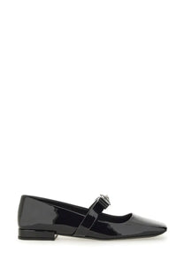 Versace women’s patent leather mary jane flat shoe in black with silver-toned buckle detail