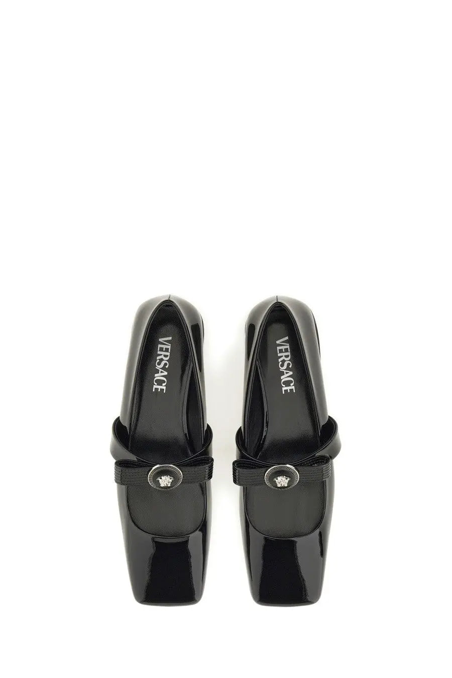 Versace women’s patent leather black mary jane flats with square toe silver medusa buckle and ribbed strap detail