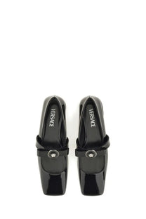 Versace women’s patent leather black mary jane flats with square toe silver medusa buckle and ribbed strap detail