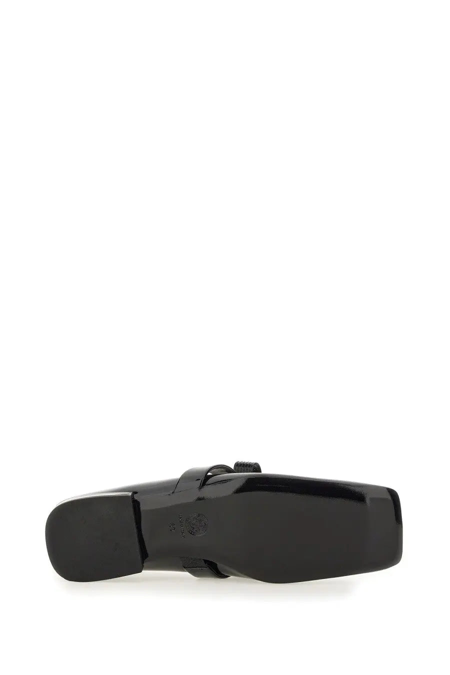 Versace women’s patent leather ballerina gianni ribbon black loafer with square toe and small buckle detail