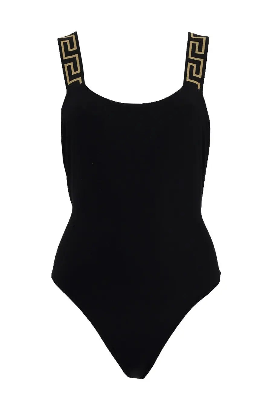 Versace women’s black one piece swimsuit with gold Greek key patterned shoulder straps for stylish beachwear