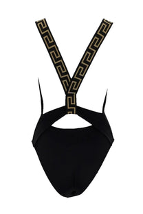 Versace women’s black one piece swimsuit with gold greek key patterned suspenders made from stretch fabric