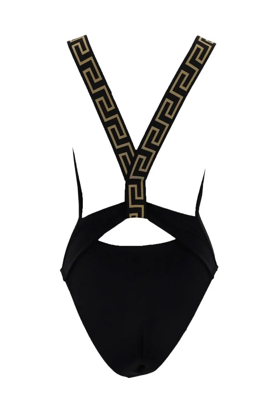 Versace women’s black one piece swimsuit with gold greek key patterned suspenders for stylish swimwear use