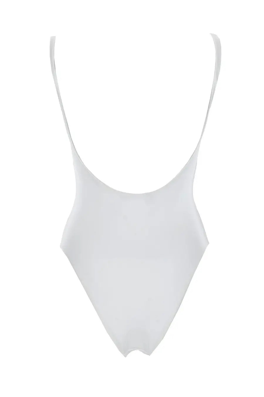 A sleek minimalist white one-piece Versace swimsuit with thin spaghetti straps and high-cut leg design