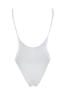 A sleek minimalist white one-piece Versace swimsuit with thin spaghetti straps and high-cut leg design
