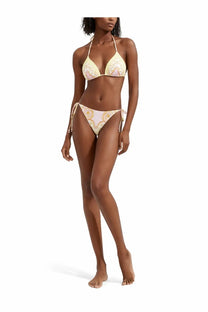 Versace women’s printed bikini top in delicate yellow and pink paisley pattern with thin straps and side ties