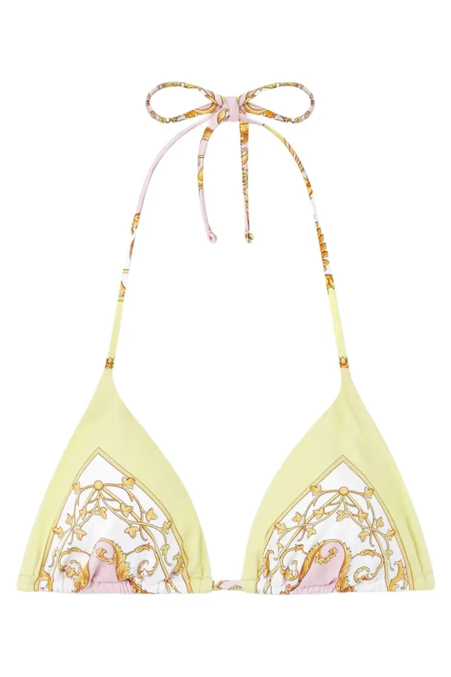Versace women’s printed bikini top in pale yellow with gold and pink ornate pattern and adjustable neck bow straps