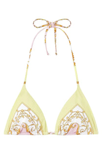 Versace women’s printed bikini top in pale yellow with gold and pink ornate pattern and adjustable neck bow straps