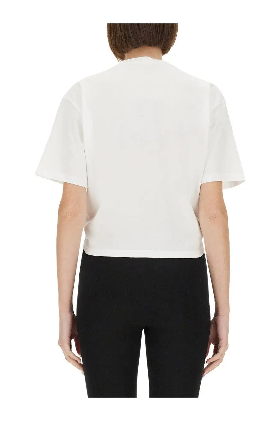 Versace women’s RE Edition white cropped short-sleeve t-shirt with relaxed fit and minimalist design