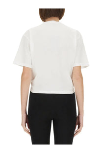 Versace women’s RE Edition white cropped short-sleeve t-shirt with relaxed fit and minimalist design