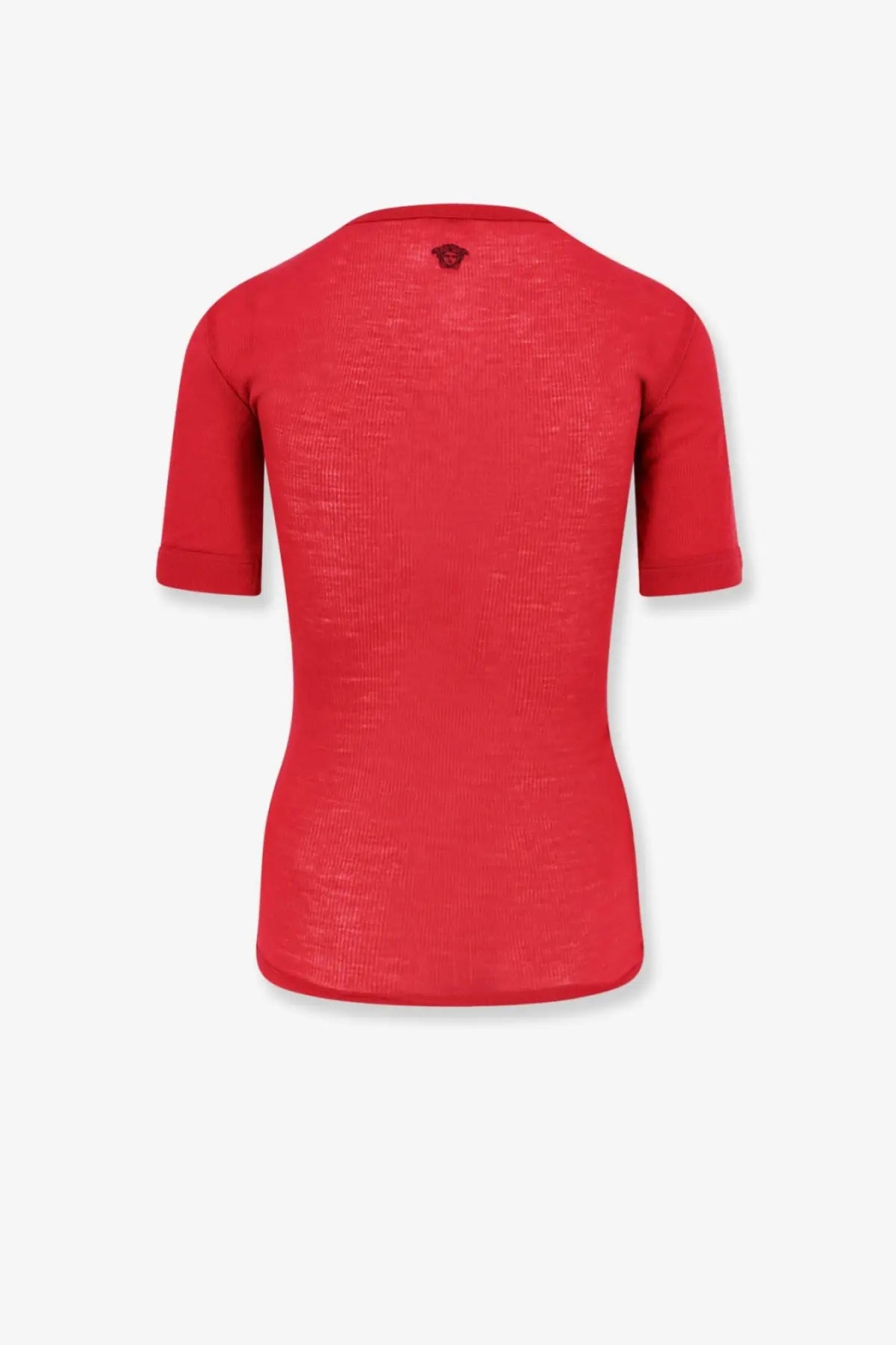 Versace womens red ribbed cotton short-sleeved top with textured knit fabric and small black logo at neckline