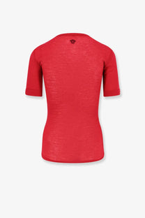 Versace womens red ribbed cotton short-sleeved top with textured knit fabric and small black logo at neckline