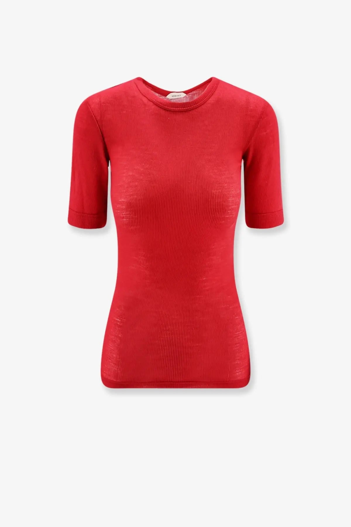 A vibrant red versace women’s ribbed cotton shirt with short sleeves and a round neckline