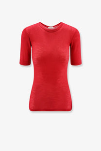 A vibrant red versace women’s ribbed cotton shirt with short sleeves and a round neckline