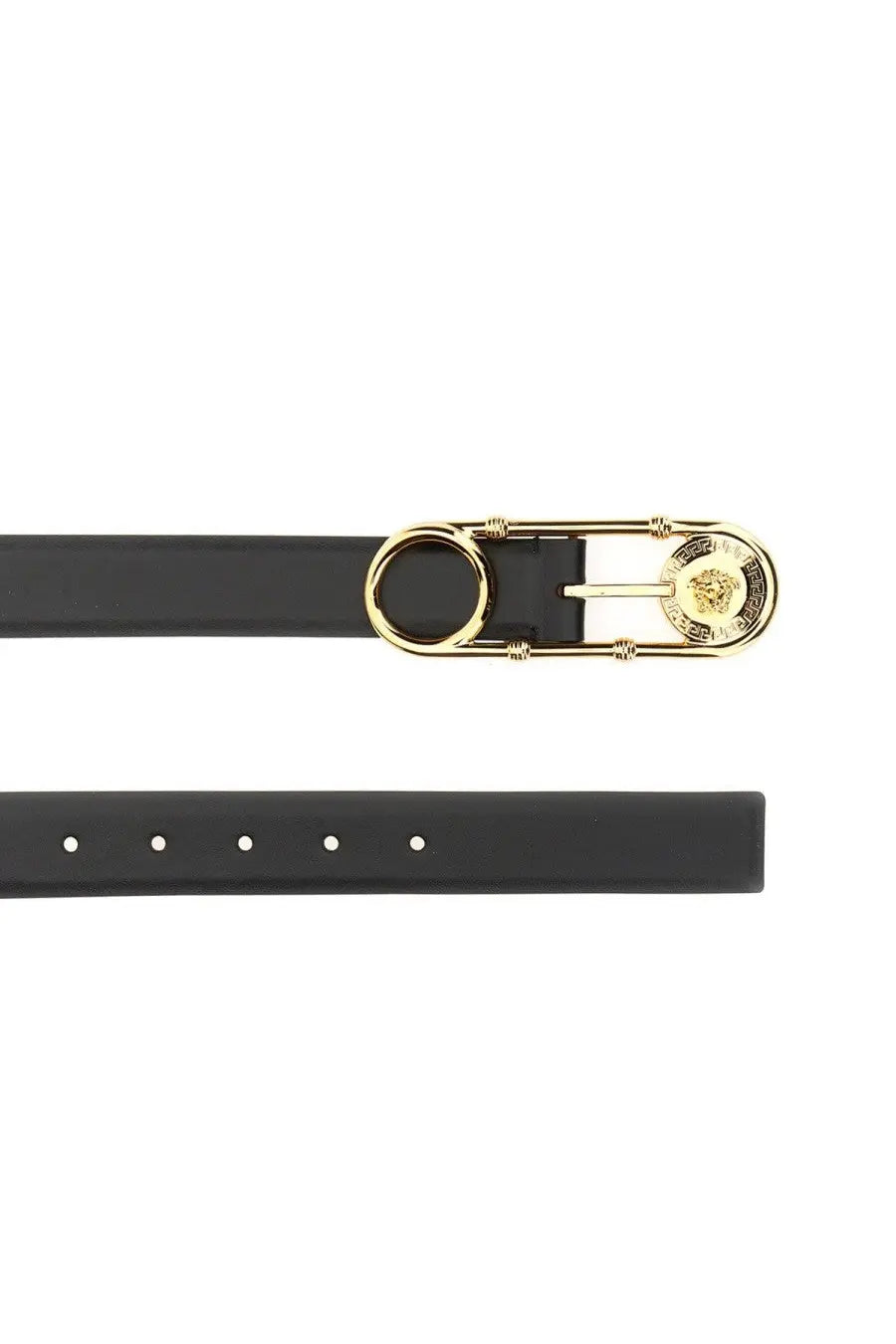 Versace women’s black leather belt with gold-tone buckle featuring Medusa head emblem and safety pin detail