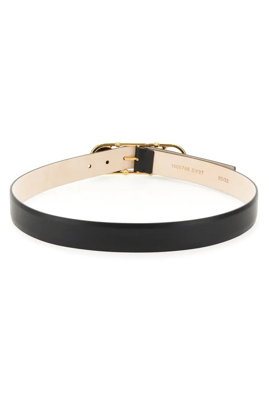 Versace women’s black leather belt with gold-tone safety pin buckle and matching hardware
